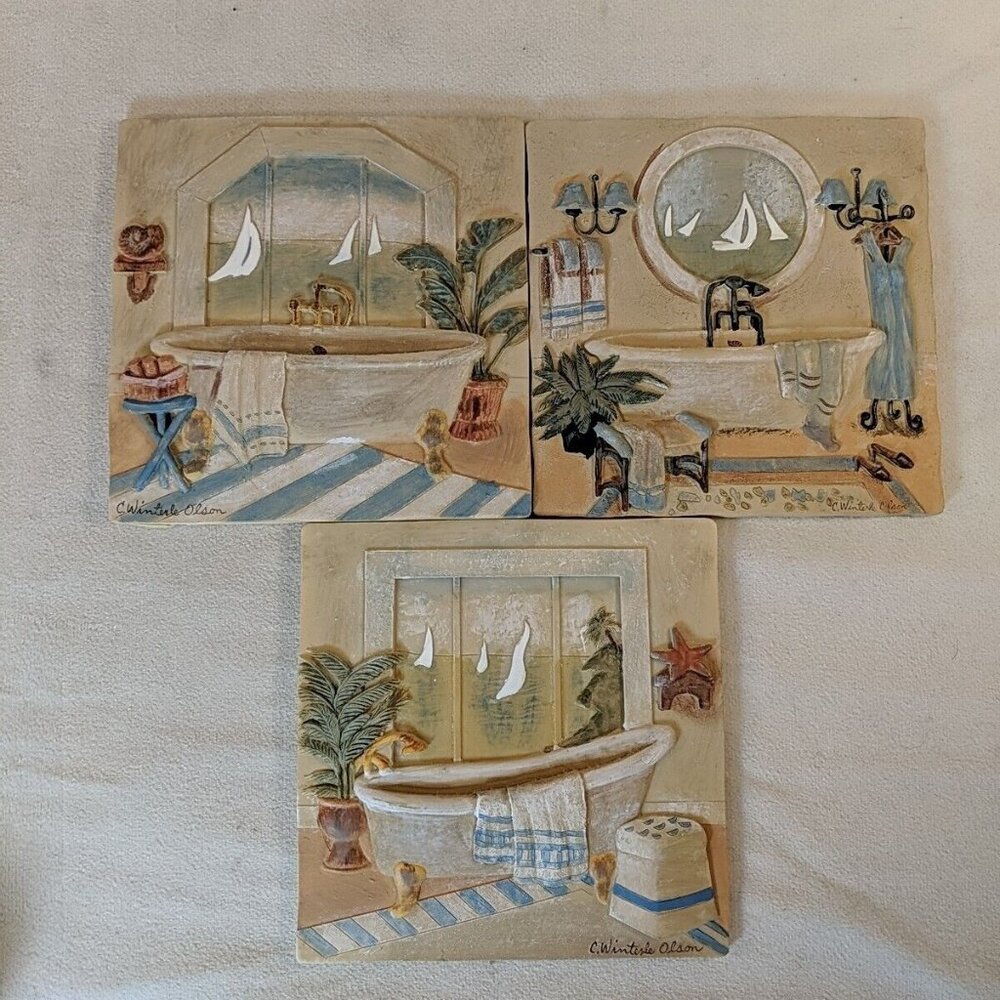 C Winterle Olsen 3 Plaque 3D Art Ceramic Tile Set Bath Tub Bathroom Nautical